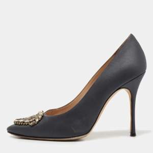 Pre Owned Manolo Blahnik Navy Blue Satin Okkato Pumps Size 39
