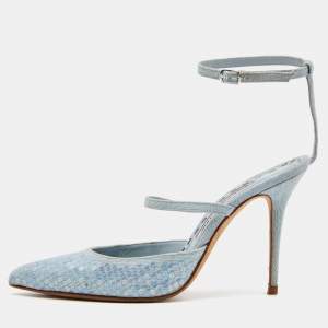 Pre Owned Manolo Blahnik Light Blue Denim Sea Salts Sequins Ankle Strap Pumps Size 36.5