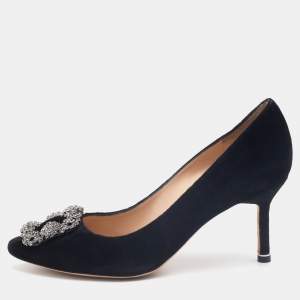 Pre Owned Manolo Blahnik Black Velvet Hangisi Crystal Embellished Pumps Size 36