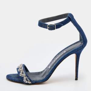 Pre Owned Manolo Blahnik Blue Denim Crystal Embellished Ankle Strap Sandals Size 36.5