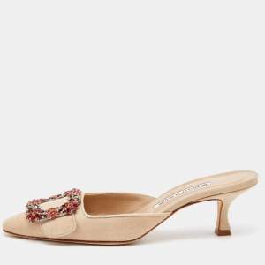 Manolo Blahnik Beige Suede Maysale Crystal Embellished Mules Size 36