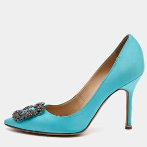 Manolo Blahnik Blue Satin Hangisi Crystal Embellished Pumps Size 37