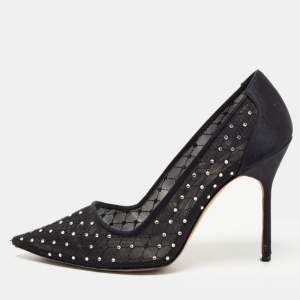 Pre Owned Manolo Blahnik Black Crystal Embellished Mesh and Satin Pointed Toe Pumps Size 37
