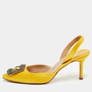 Manolo Blahnik Yellow Satin Hangisi Slingback Pumps Size 37.5