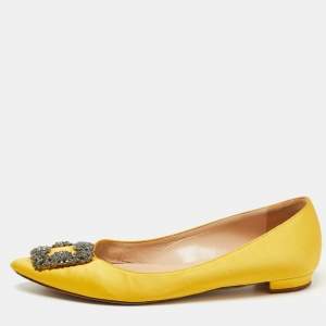 Pre Owned Manolo Blahnik Yellow Satin Hangisi Ballet Flats Size 37.5