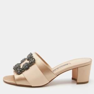 Manolo Blahnik Beige Satin Embellished Martanew Slide Sandals Size 38
