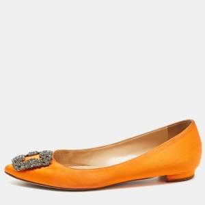 Pre Owned Manolo Blahnik Orange Satin Hangisi Ballet Flats Size 37