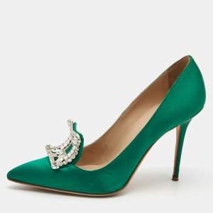 Pre Owned Manolo Blahnik Green Satin Crystal Embellished Borlak Pumps Size 37