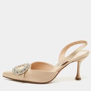 Pre Owned Manolo Blahnik Beige Satin Prietasli Slingback Pumps Size 36