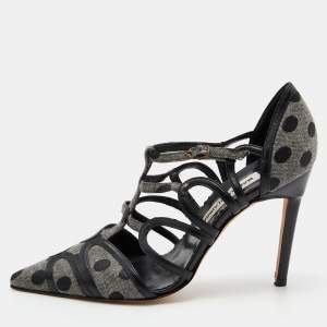 Pre Owned Manolo Blahnik Grey/Black Spots Canvas and Leather Spartel Pumps Size 37