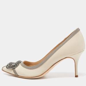 Manolo Blahnik Beige/Grey Satin Gotrian Crystal Embellished Pumps Size 37