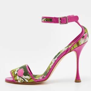 Pre Owned Manolo Blahnik Multicolor Floral Print Canvas and Leather Ankle Strap Sandals Size 38