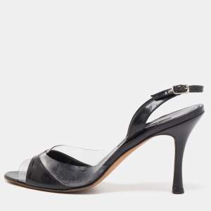 Pre Owned Manolo Blahnik Black Patent and PVC Slingback Sandals Size 38.5