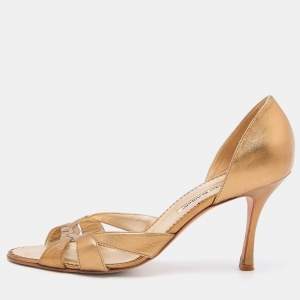 Pre Owned Manolo Blahnik Gold Foil Leather Open Toe Pumps Size 42