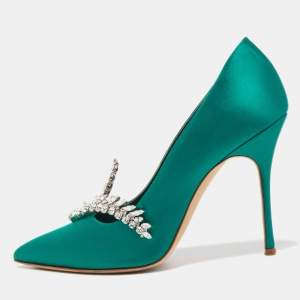 Manolo Blahnik Green Satin Crystal Embellished Nadira Pumps Size 39