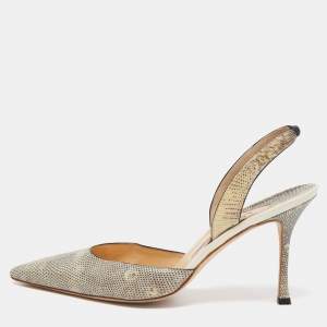 Pre Owned Manolo Blahnik Beige Lizard Carolyne Pointed Toe Slingback Sandals Size 41
