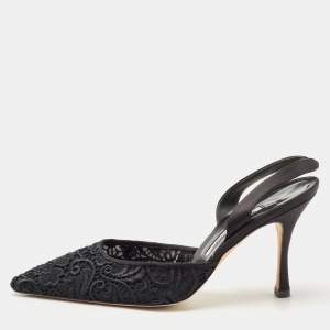 Pre Owned Manolo Blahnik Black Mesh and Satin  Slingback Pumps Size 41