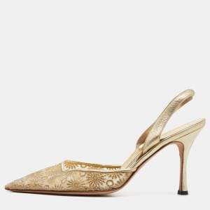 Pre Owned Manolo Blahnik Gold Embroidered Mesh Carolyne Slingback Pumps Size 41