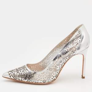Pre Owned Manolo Blahink Silver Laser Cut Leather Pumps Size 39.5