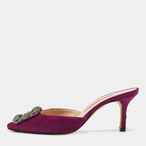 Pre Owned Manolo Blahnik Purple Satin Hangisimu Mules Size 37