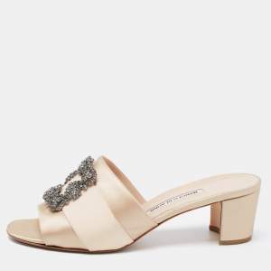 Pre Owned Manolo Blahnik Beige Satin Martamod Slide Sandals Size 41