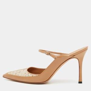 Pre Owned Manolo Blahnik Beige Leather and Tweed Slingback Sandals Size 40