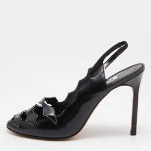 Manolo Blahnik Black Patent Leather Cut Out Slingback Sandals Size 38