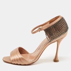 Pre Owned Manolo Blahnik Beige Satin Sidina Sandals Size 37.5