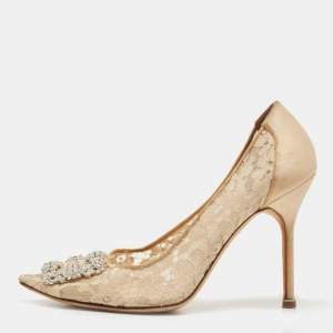 Pre Owned Manolo Blahnik Beige Lace and Satin Hangisi Pumps Size 40