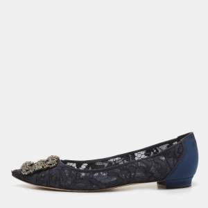 Pre Owned Manolo Blahnik Navy Blue Lace and Satin Hangisi Ballet Flats Size 37.5