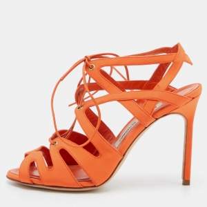 Pre Owned Manolo Blahnik Orange Fabric Cut Out Strappy Sandals Size 37