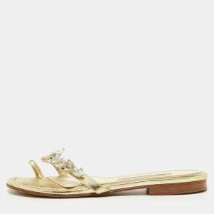 Pre Owned Manolo Blahnik Gold Leather Crystal Embellished Toe Ring Flat Slides Size 38
