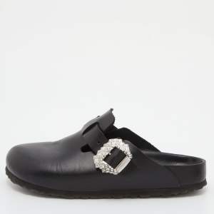 Pre Owned Manolo Blahnik X Birkenstock Black Leather Crystals Boston Mules Size 38