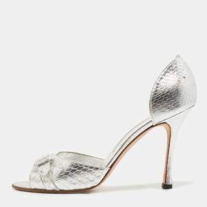 Pre Owned Manolo Blahnik Silver Python Embossed Leather D'Orsay Pumps Size 40