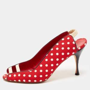Manolo Blahnik Red Canvas and Leather Polka Dot Slingback Sandals Size 40