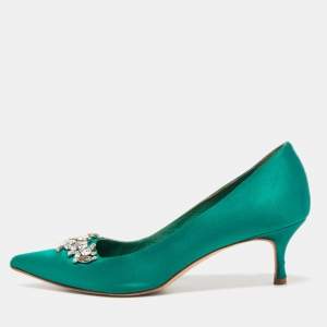 Pre Owned Manolo Blahnik Green Satin Crystal Embellished Pumps Size 37.5