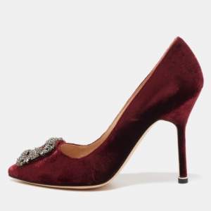 Pre Owned Manolo Blahnik Burgundy Velvet Hangisi Crystal Embellished Pointed Toe Pumps Size 36.5