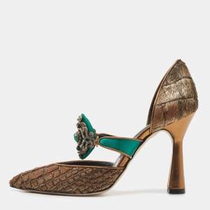 Pre Owned Manolo Blahnik Brown/Green Calf Hair and Satin Crystal Embellished D'orsay Pointed Toe Pumps Size 36