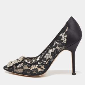 Pre Owned Manolo Blahnik Black Lace and Satin Hangisi Pumps Size 36.5