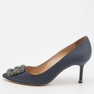 Pre Owned Manolo Blahnik Grey Satin Hangisi Pumps Size 37.5