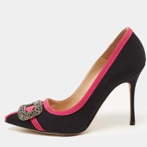 Pre Owned Manolo Blahnik Black/Pink Fabric Gotrian Pumps Size 36.5