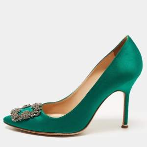 Manolo Blahnik Green Satin Hangisi Crystal Embellished Pumps Size 37.5