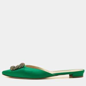 Pre Owned Manolo Blahnik Green Satin Hangisi Crystal Embellished Flat Mules Size 42