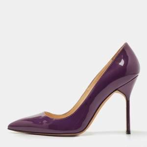 Pre Owned Manolo Blahnik Purple Patent Leather BB Pointed Toe Pumps Size 37.5
