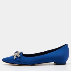 Pre Owned Manolo Blahnik Blue Satin Pasiosa Ballet Flats Size 36