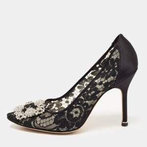 Pre Owned Manolo Blahnik Black Lace and Satin Hangisi Pumps Size 36