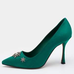 Pre Owned Manolo Blahnik Green Satin Embellished Pointed Toe Pumps Size 37.5