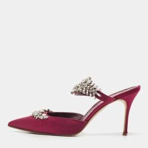 Pre Owned Manolo Blahnik Burgundy Satin Lurum Mules Size 42