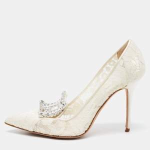 Pre Owned Manolo Blahnik White Lace and Net Borlak Pumps Size 37.5