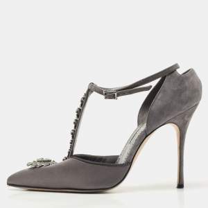 Pre Owned Manolo Blahnik Grey Satin and Suede Eridania Pumps Size 39